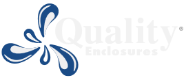 A black and white logo of quality enclosure.